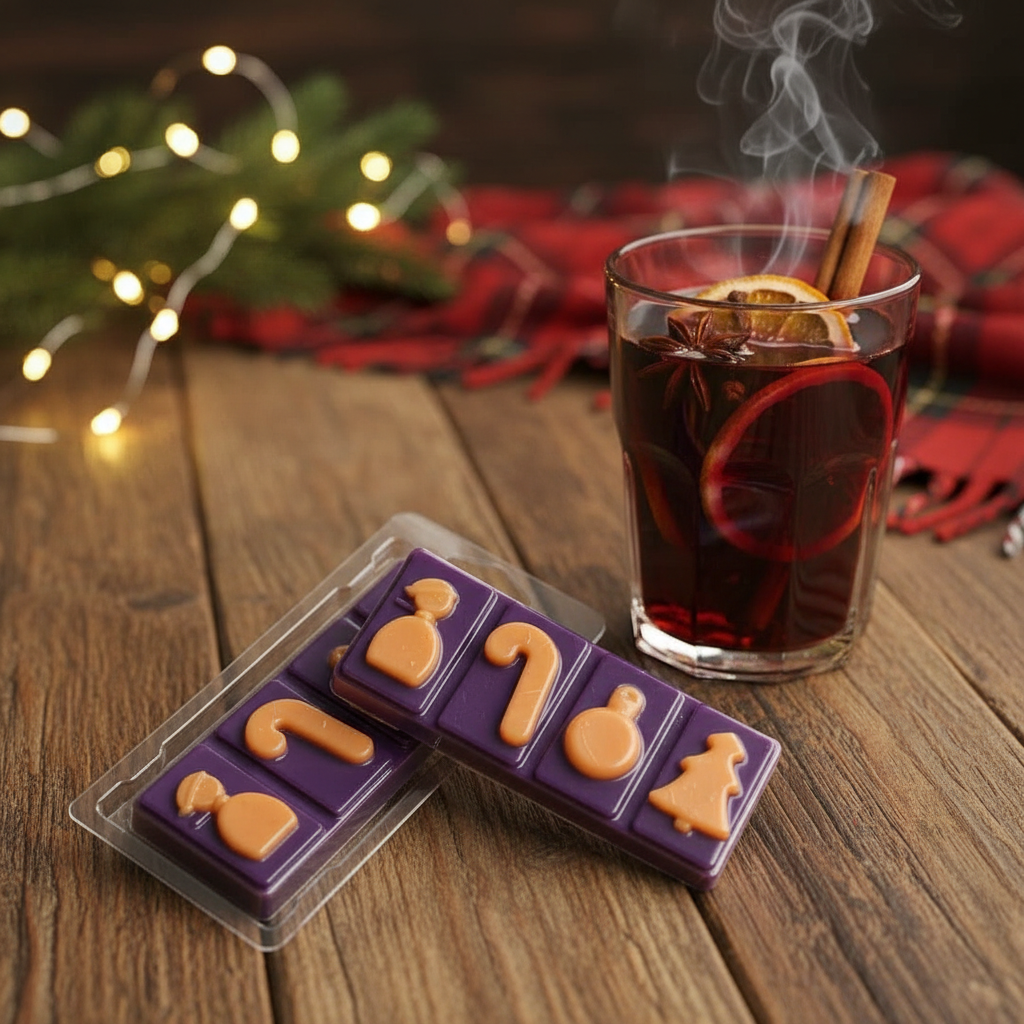 Mulled Wine Wax Melt Snap Bar in purple with orange festive shapes beside a steaming glass of mulled wine with cinnamon and orange slices