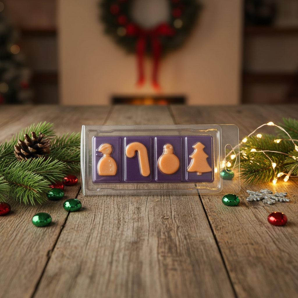 Mulled Wine Wax Melt Snap Bar in purple with beige holiday shapes including Santa, candy cane, bauble, and Christmas tree in transparent packaging