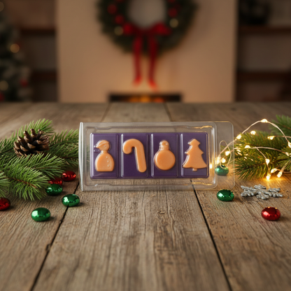 Mulled Wine Wax Melt Snap Bar in purple with beige holiday shapes including Santa, candy cane, bauble, and Christmas tree in transparent packaging