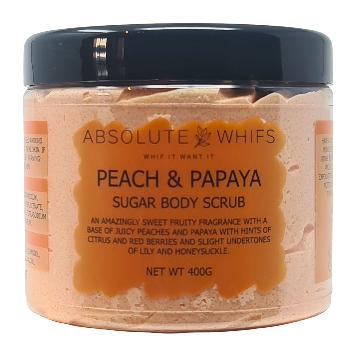 Peach and Papaya Sugar Body Scrub in clear jar with black lid, peach-colored whipped butter texture and orange label
