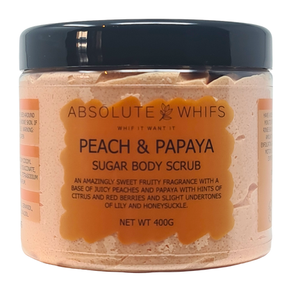 Peach and Papaya Sugar Body Scrub in clear jar with black lid, peach-colored whipped butter texture and orange label
