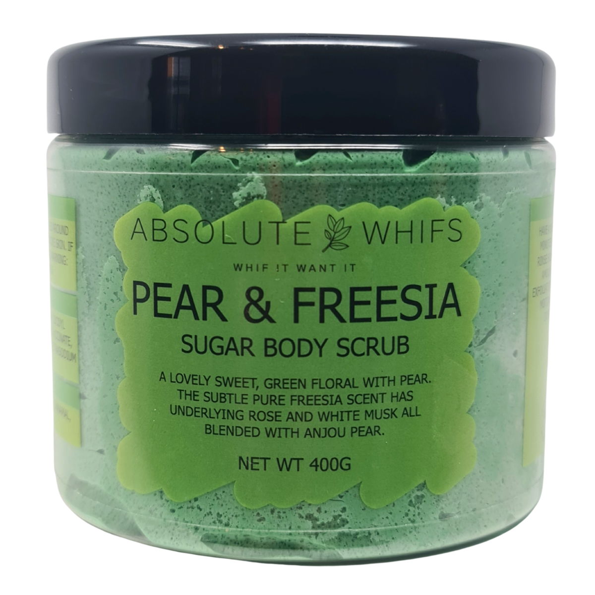 Pear and Freesia Sugar Body Scrub in a green semi-transparent jar with black lid and green label featuring product details