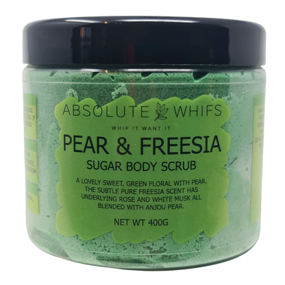Pear and Freesia Sugar Body Scrub in a green semi-transparent jar with black lid and green label featuring product details