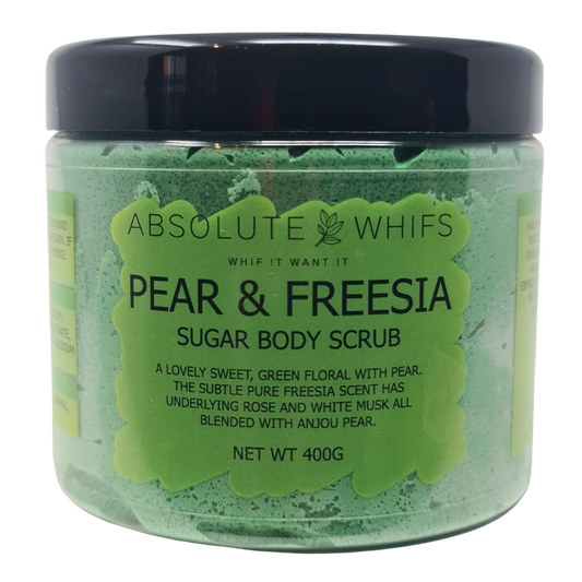 Pear and Freesia Sugar Body Scrub in a green semi-transparent jar with black lid and green label featuring product details