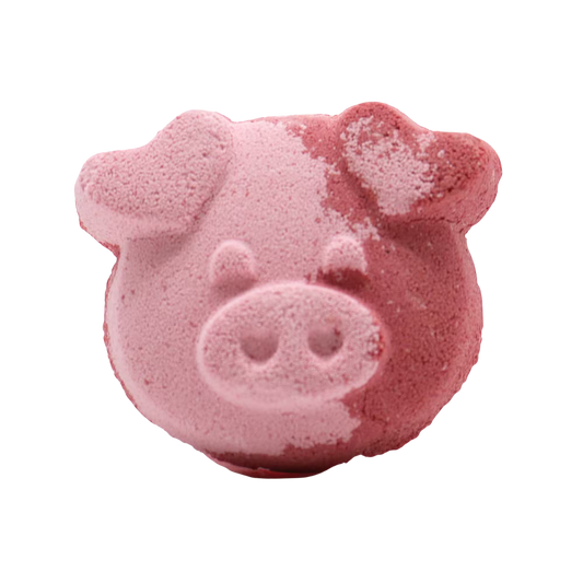 Pig Bath bomb in dual-tone pink with a cute pig face design and textured surface for a fun bath experience