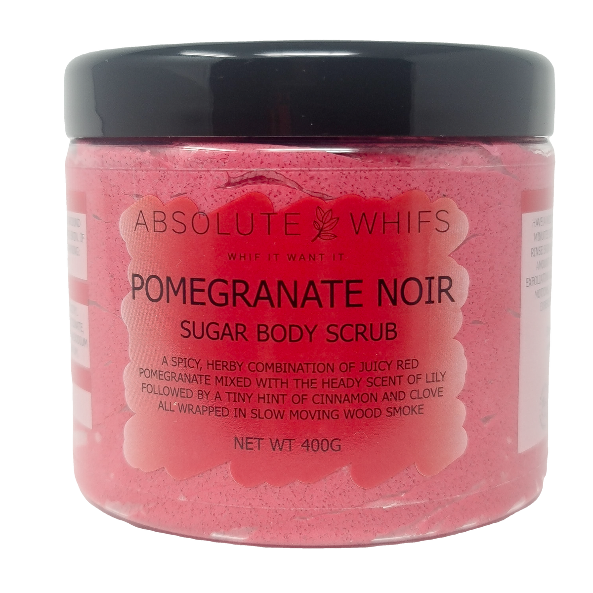 Pomegranate Noir Sugar Body Scrub in a clear jar with pink exfoliating sugar granules and black lid, labeled with scent details