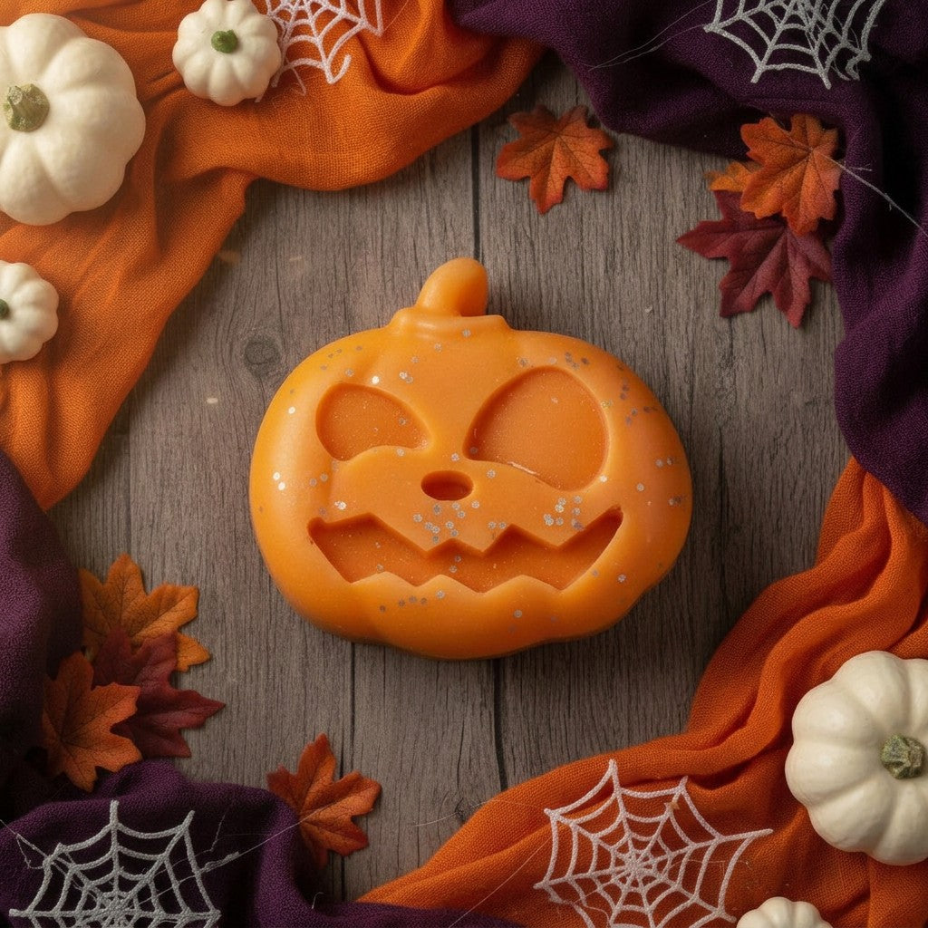 Absolute Whifs pumpkin-shaped wax melt with glitter on a wooden table surrounded by orange fabric and mini pumpkins.