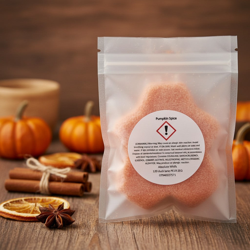 Absolute Whifs pumpkin spice wax melt in a frosted pouch with cinnamon sticks and mini pumpkins on a wooden table.