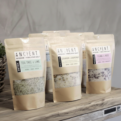 Relax Himalayan Bath Salt blend pouch with beige packaging and visible mineral bath salts in a clear window