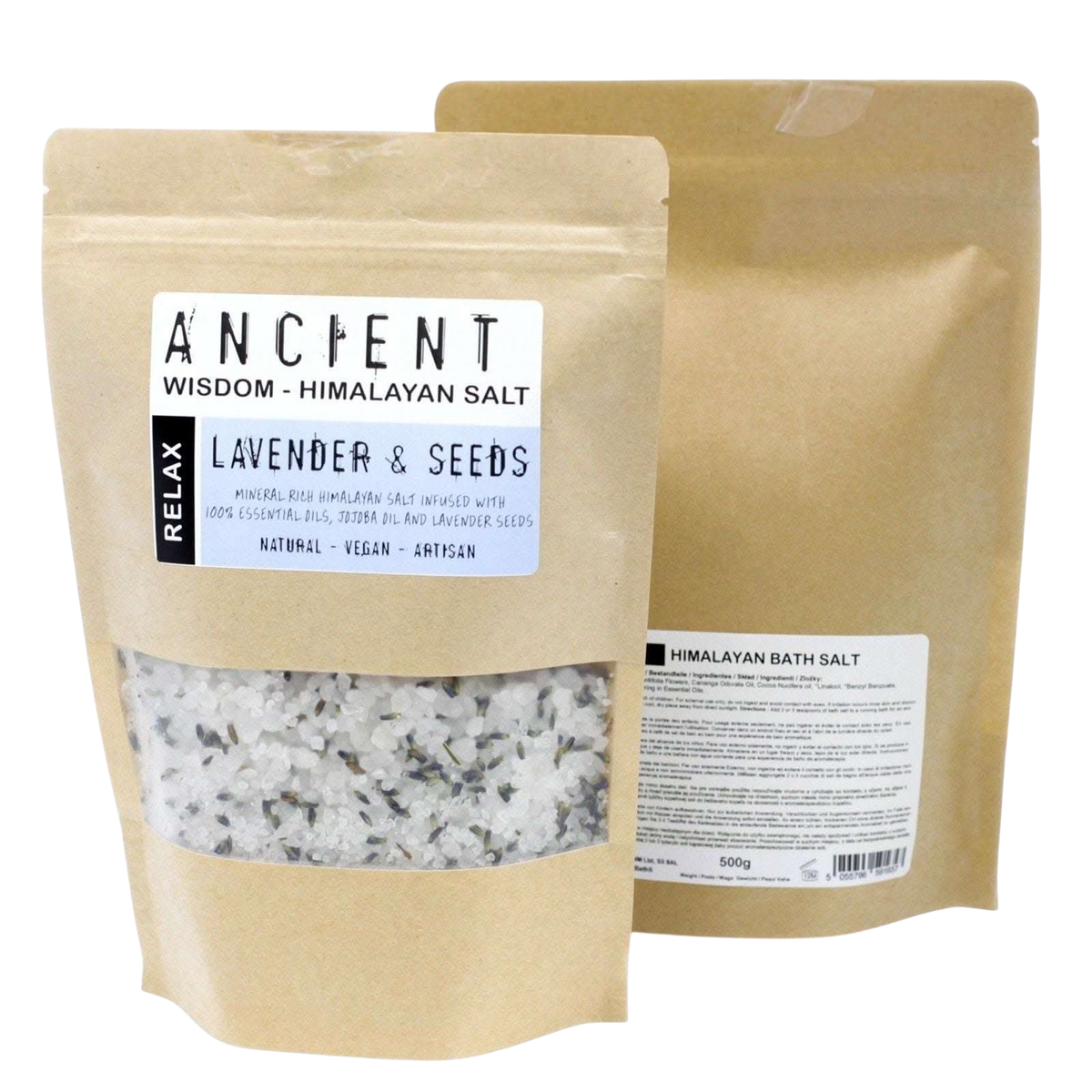 Relax Himalayan Bath Salt lavender and seeds blend in a 500g kraft pouch with clear window