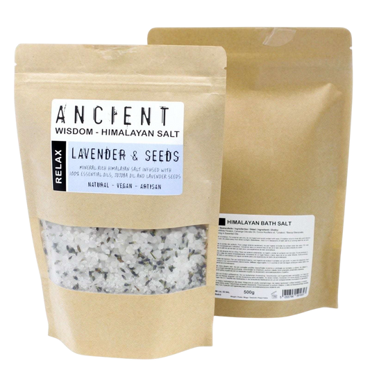 Relax Himalayan Bath Salt lavender and seeds blend in a 500g kraft pouch with clear window