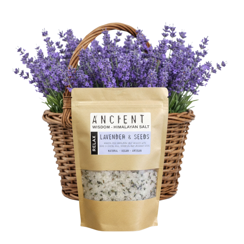 Relax Himalayan Bath Salt in a kraft pouch with lavender seeds and coarse mineral salt blend