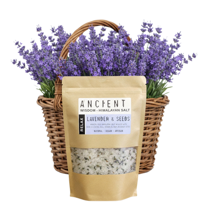 Relax Himalayan Bath Salt in a kraft pouch with lavender seeds and coarse mineral salt blend