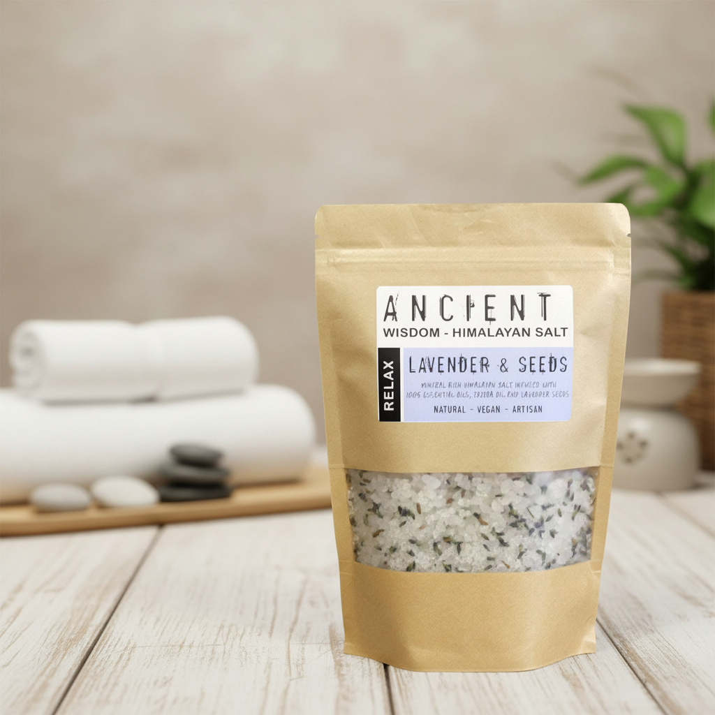 Relax Himalayan Bath Salt in a kraft pouch with a clear window showing white salt, lavender and seeds