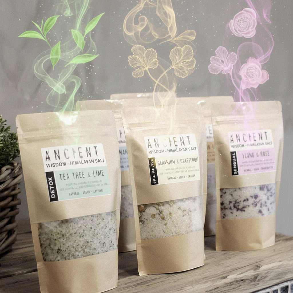 Relax Himalayan Bath Salt pouch set with three natural mineral blends in beige kraft packaging