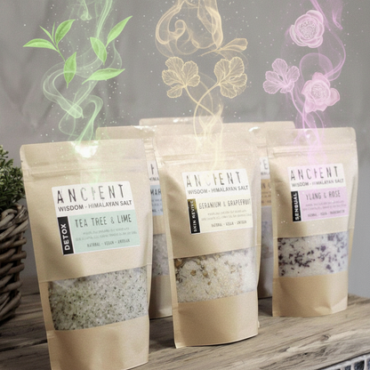 Relax Himalayan Bath Salt pouch set with three natural mineral blends in beige kraft packaging