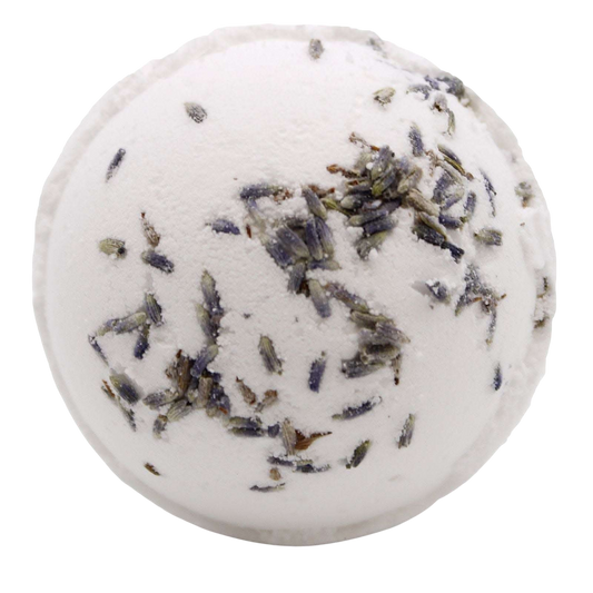 Relax Himalayan Salt Bath Bomb in white with embedded dried lavender petals and a smooth spherical shape