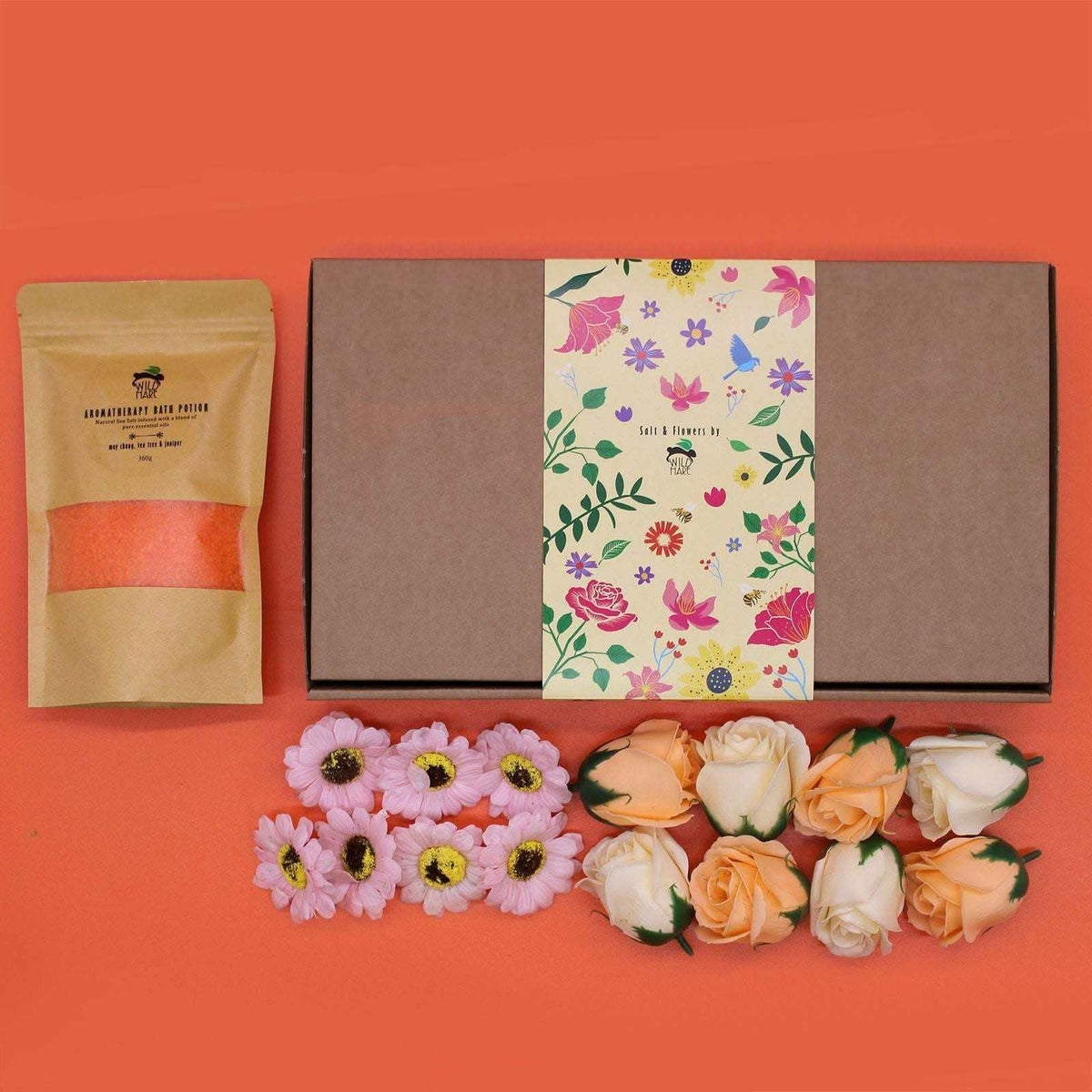 Salt Soak Set - Total Detox gift box with floral sleeve, natural salt pouch, and loose pink, peach and white flowers