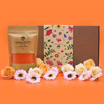 Salt Soak Set - Total Detox in natural kraft packaging with orange bath salts and colourful floral design