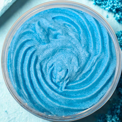 Sea Breeze Sugar Body Scrub in a jar showing fine textured blue exfoliating cream with swirling pattern