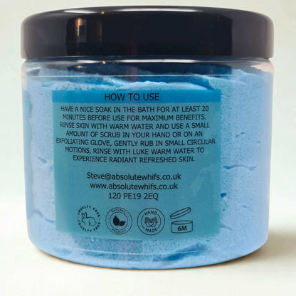 Sea Breeze Sugar Body Scrub in transparent jar with black lid showing blue exfoliating scrub and usage instructions label