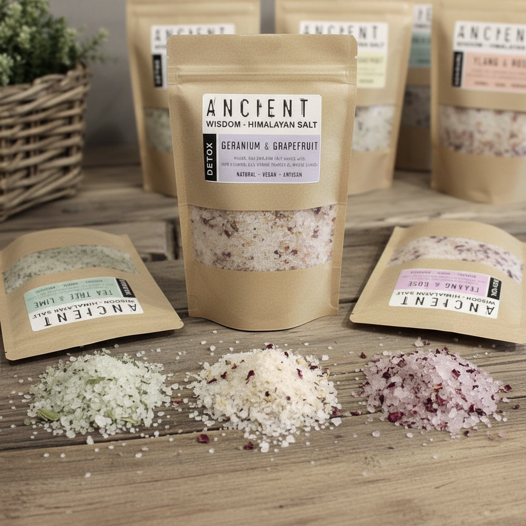 Sensual Himalayan Bath Salt pouch with Geranium and Grapefruit label, beige packaging and rose petal bath salts