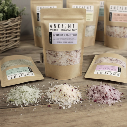 Sensual Himalayan Bath Salt pouch with Geranium and Grapefruit label, beige packaging and rose petal bath salts
