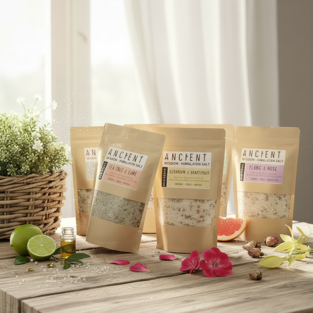 Sensual Himalayan Bath Salt pouches in natural kraft packaging with visible botanical ingredients and rose petals