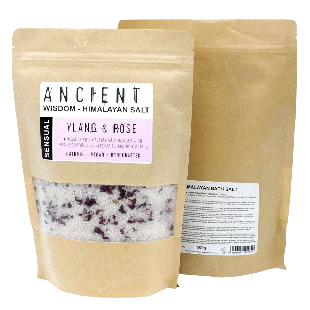 Sensual Himalayan Bath Salt in a natural kraft pouch with white salt crystals, dried rose petals and Ylang Ylang label