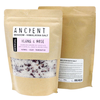 Sensual Himalayan Bath Salt in a natural kraft pouch with white salt crystals, dried rose petals and Ylang Ylang label
