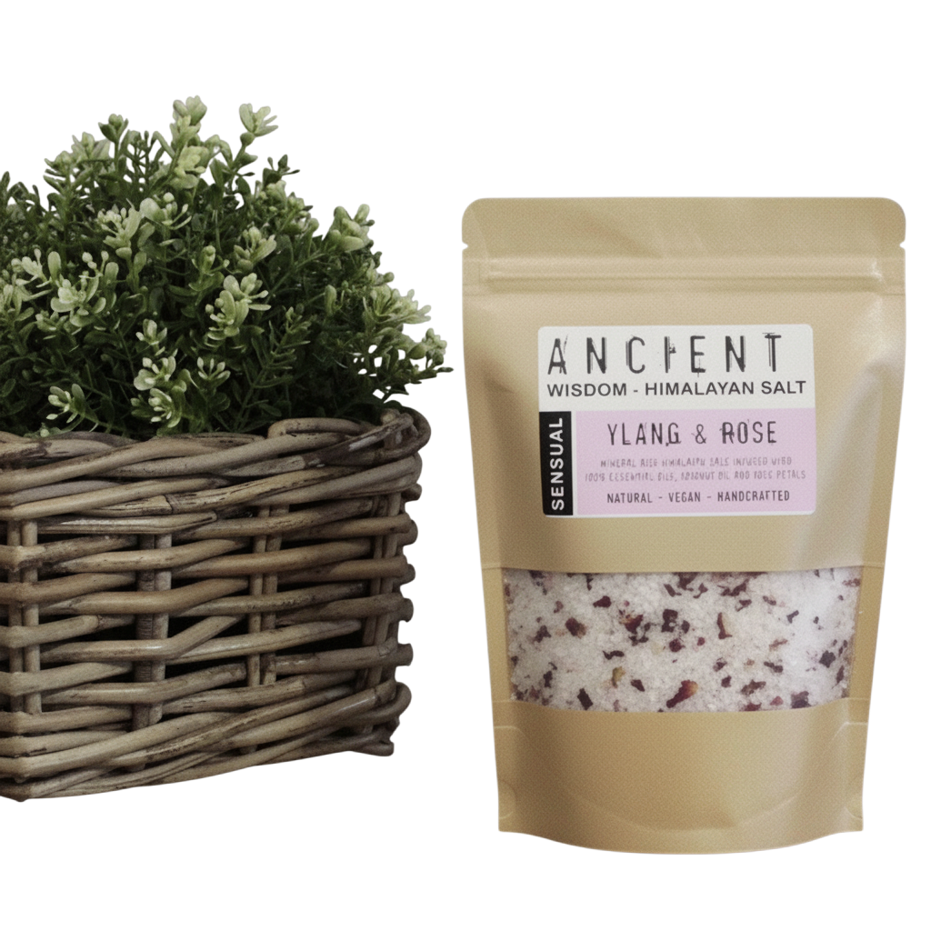 Sensual Himalayan Bath Salt pouch with pink and white salt crystals, dried rose petals, and Ylang Ylang rose blend