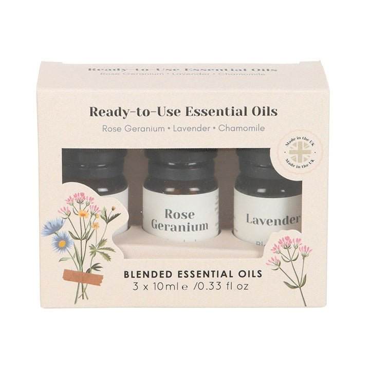 Set of 3 Floral Blended Essential Oils in 10ml bottles featuring Rose Geranium, Lavender, and Chamomile, vegan and bottled in the UK.