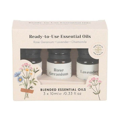 Set of 3 Floral Blended Essential Oils in 10ml bottles featuring Rose Geranium, Lavender, and Chamomile, vegan and bottled in the UK.