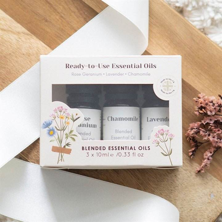 Set of 3 Floral Blended Essential Oils with Rose Geranium, Lavender, Chamomile; vegan, UK bottled.