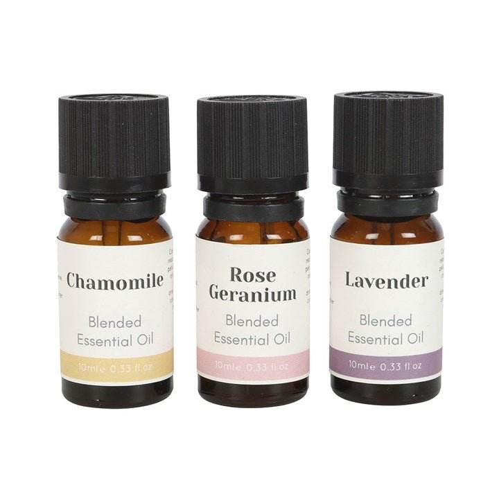 Set of 3 floral blended essential oils: Chamomile, Rose Geranium, Lavender, 10ml bottles.