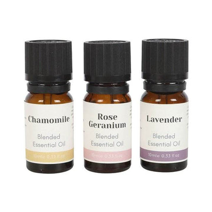 Set of 3 floral blended essential oils: Chamomile, Rose Geranium, Lavender, 10ml bottles.