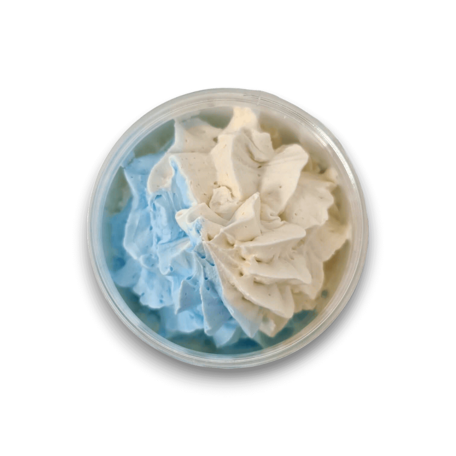 Seychelles Whipped Soap with blue and white swirled texture in a clear container.
