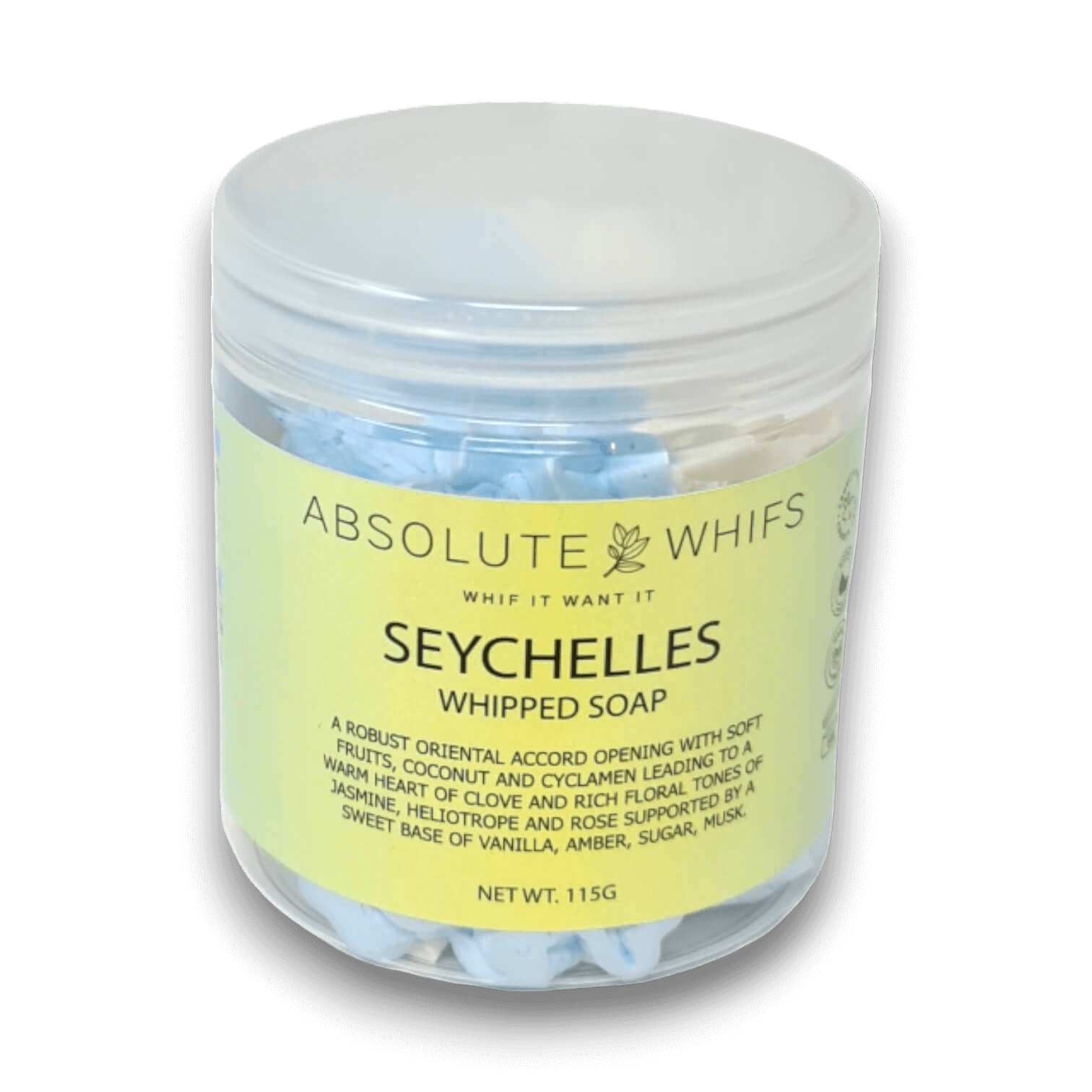Luxurious Seychelles Whipped Soap in a jar, enriched with a captivating Oriental aroma and sweet base notes.