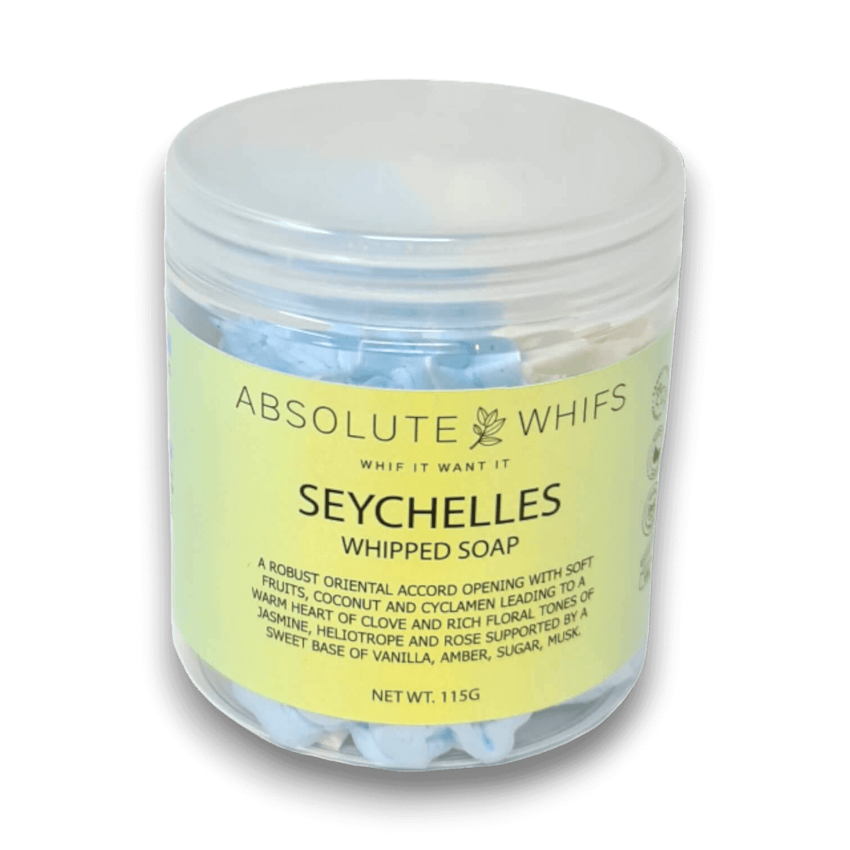 Seychelles Whipped Soap in a clear jar with a yellow label featuring black text, containing blue whipped soap inside
