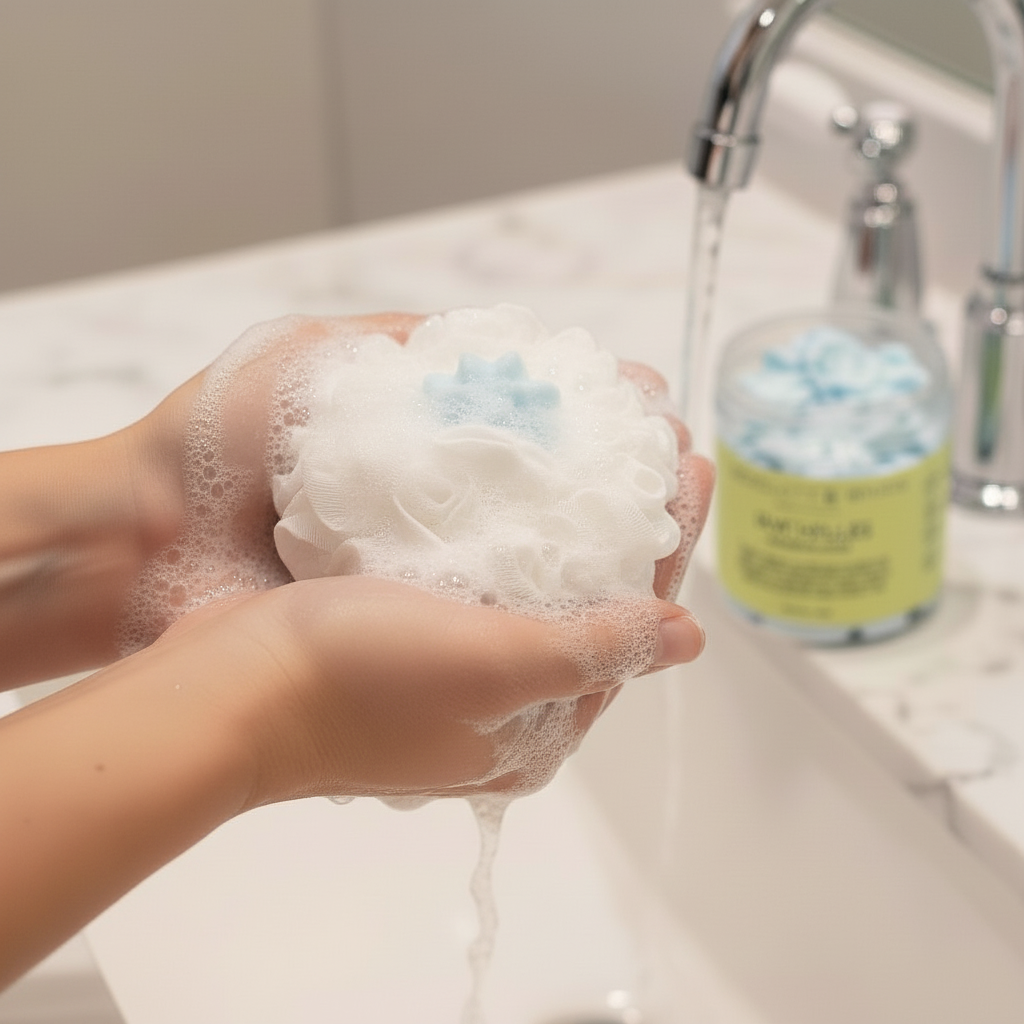 Seychelles Whipped Soap white foaming lather on hands with visible light blue floral soap center under running water