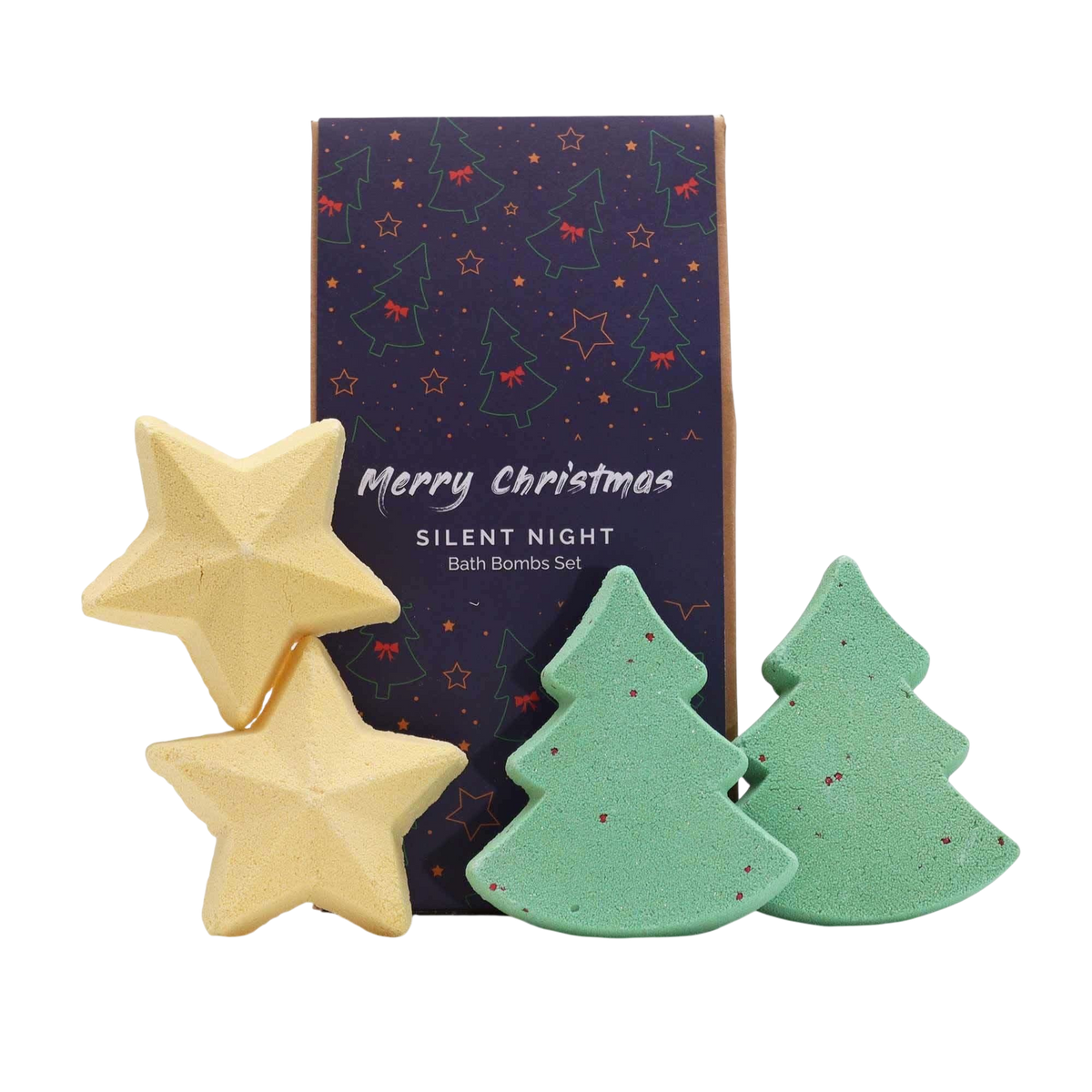 Silent Night Christmas Bath Bomb Gift Pack with yellow star-shaped and green Christmas tree-shaped bath bombs in festive navy blue box