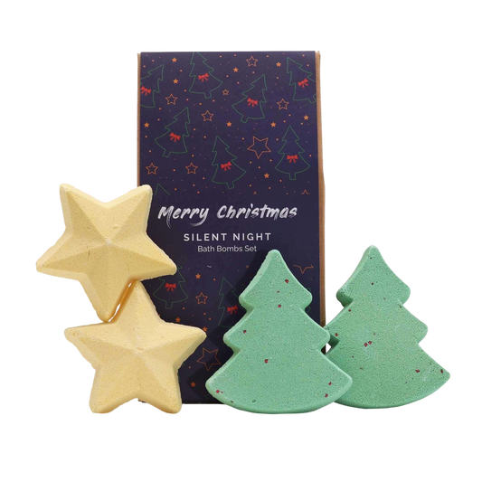 Silent Night Christmas Bath Bomb Gift Pack with yellow star-shaped and green Christmas tree-shaped bath bombs in festive navy blue box