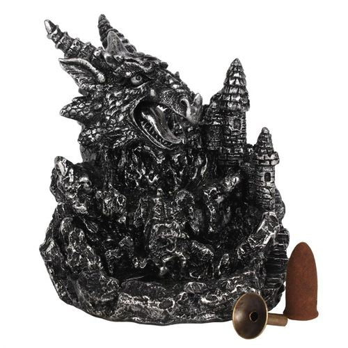 Silver Dragon backflow incense burner with glowing light and waterfall effect for relaxation.