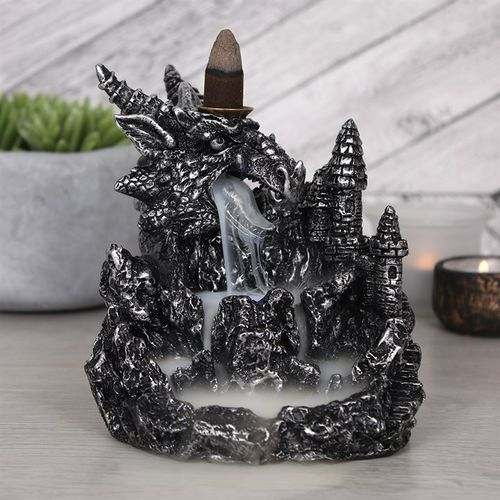 Silver Dragon Backflow Incense Burner with waterfall effect and glowing light.