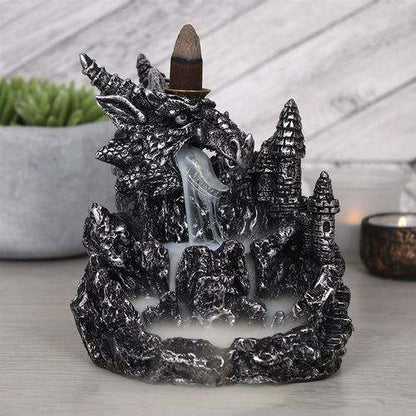 Silver Dragon Backflow Incense Burner with waterfall effect and glowing light.