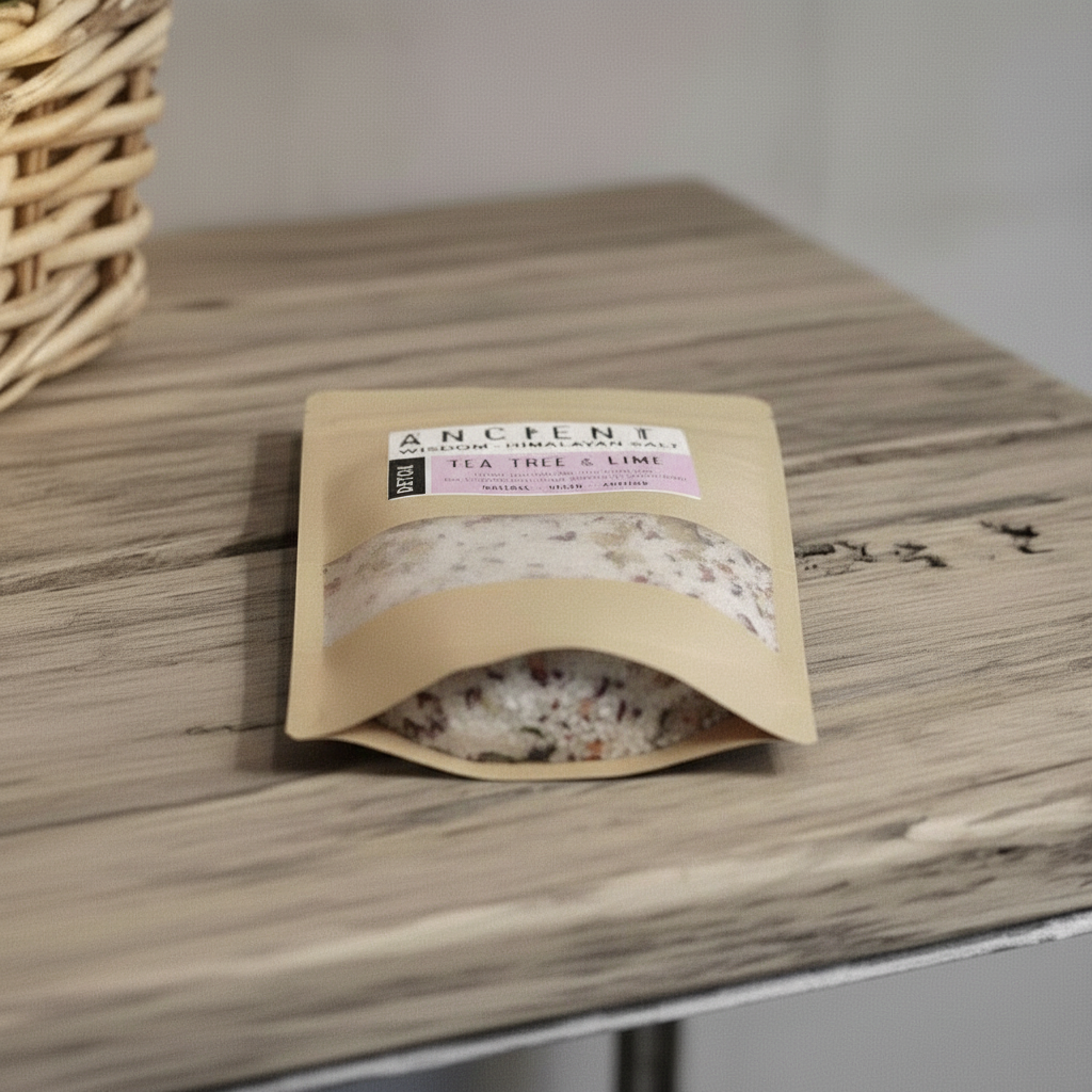 Skin Revive Himalayan Bath Salt in a beige paper pouch with visible pink and white mineral salt blend