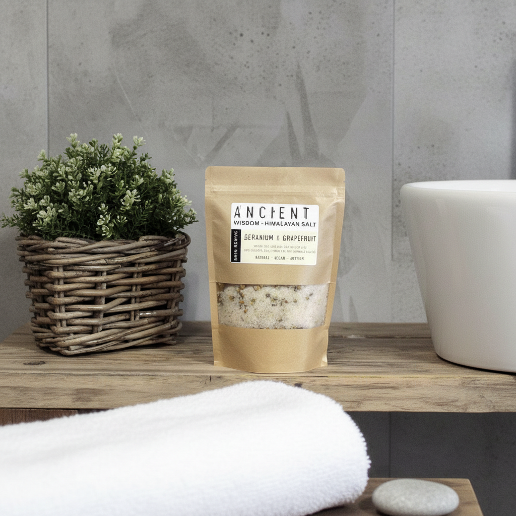 Skin Revive Himalayan Bath Salt in a kraft pouch with visible geranium and grapefruit label and mineral salt blend