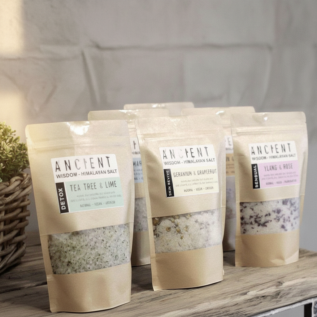 Skin Revive Himalayan Bath Salt blend shown in kraft pouches with mineral salts and botanical pieces