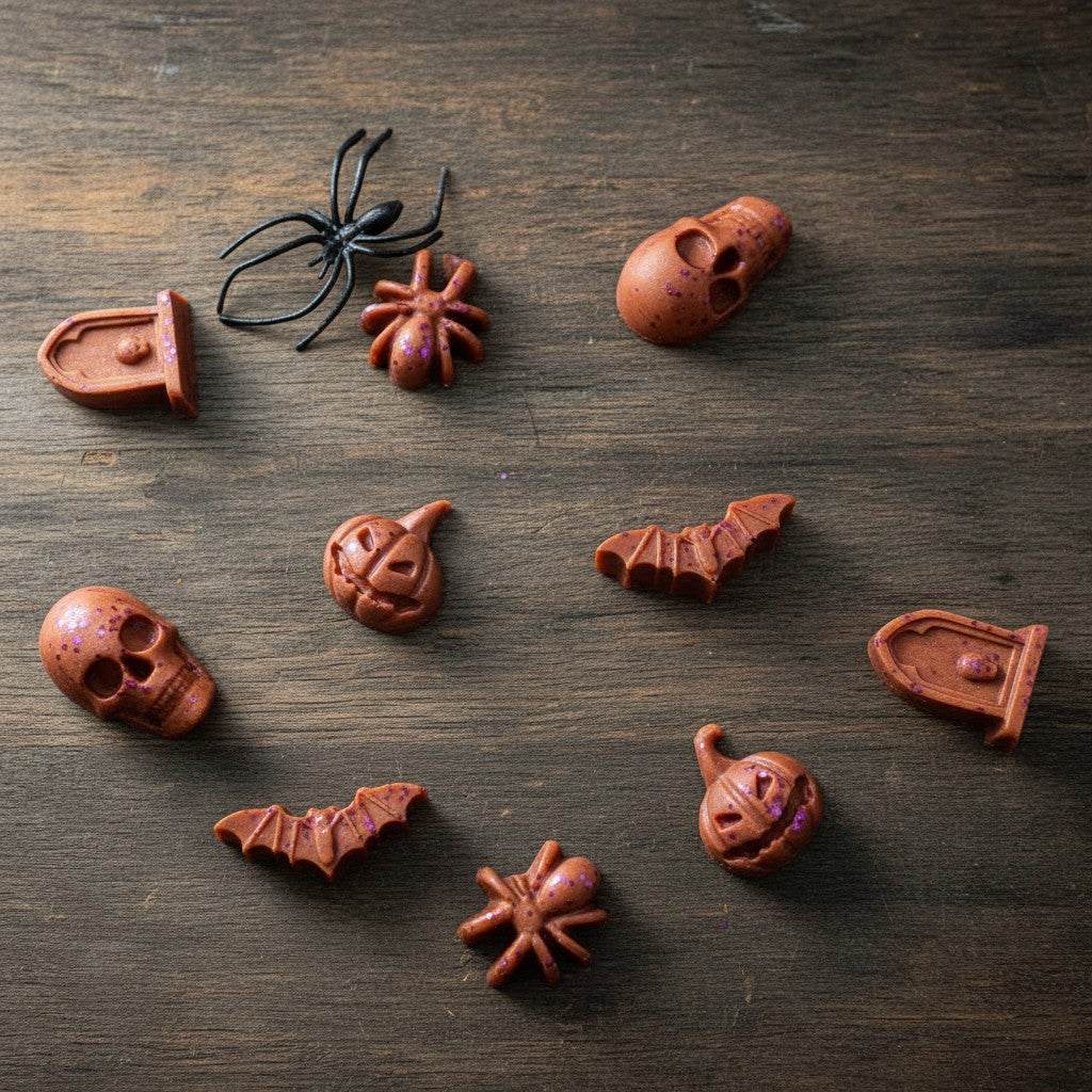 Small Halloween themed witches truffles wax melts with skull, bat, pumpkin, and spider shapes