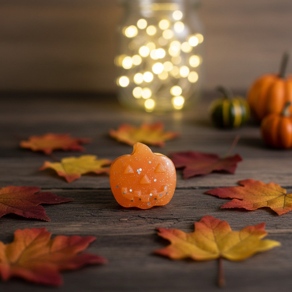 Absolute Whifs pumpkin shaped wax melt with glitter on a wooden table surrounded by autumn leaves and fairy lights